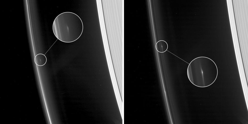 Зонд Кассини наблюдает за необычными объектами, взаимодействующими с кольцами Сатурна